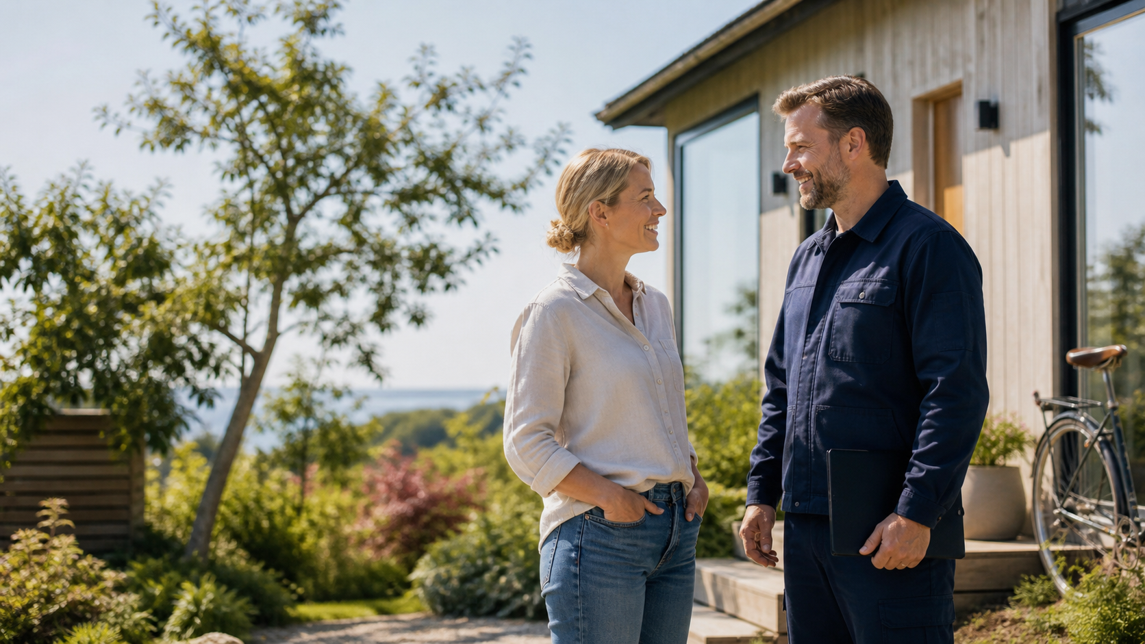 En nöjd kund möter en hantverkare utanför sitt hem