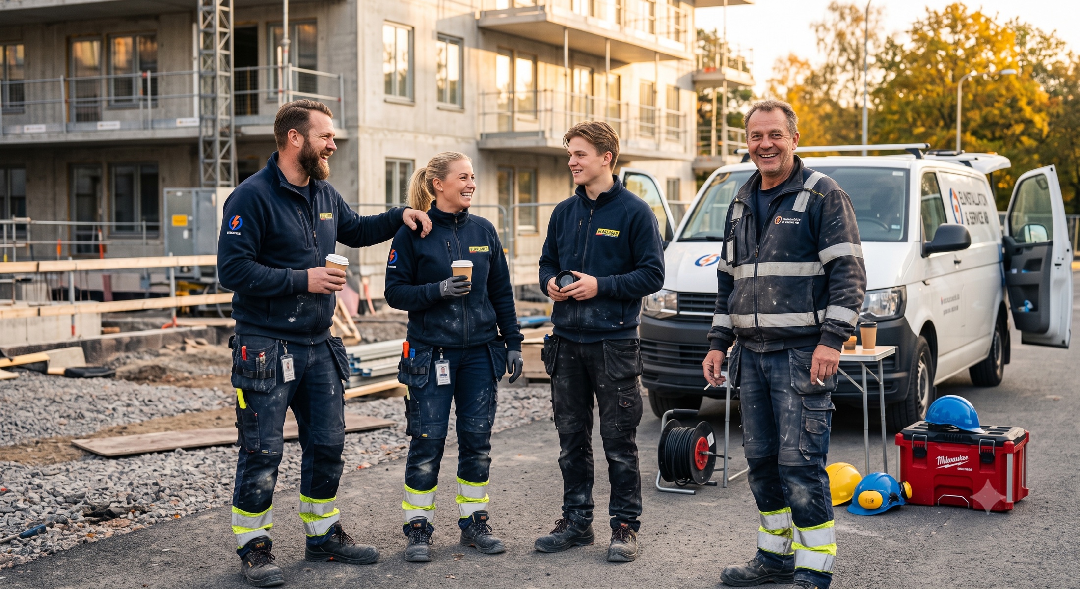 Fyra elinstallatörer samtalar och ler tillsammans efter ett arbete