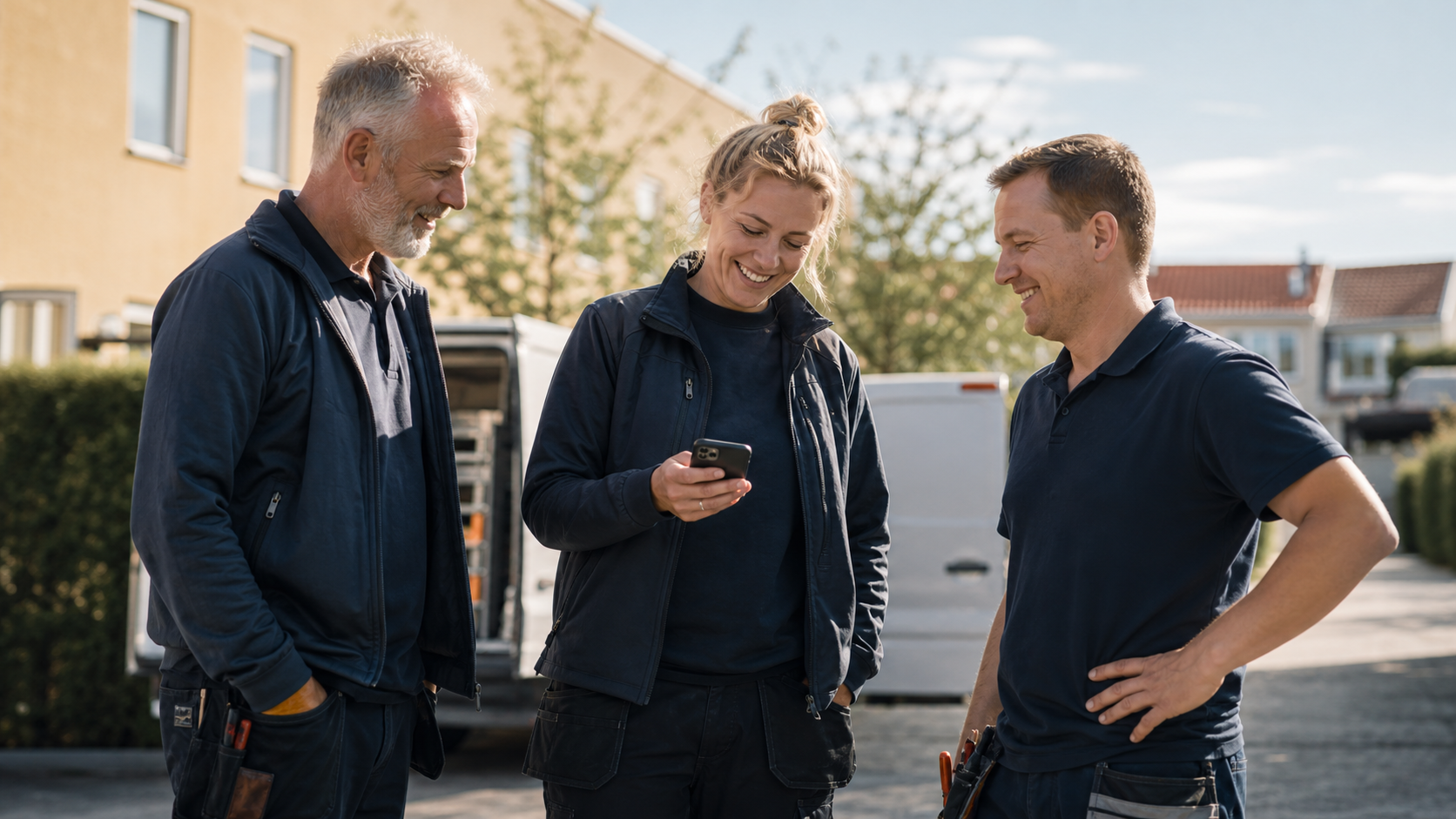 Ett serviceteam tar del av en kunduppdatering tillsammans mellan två uppdrag