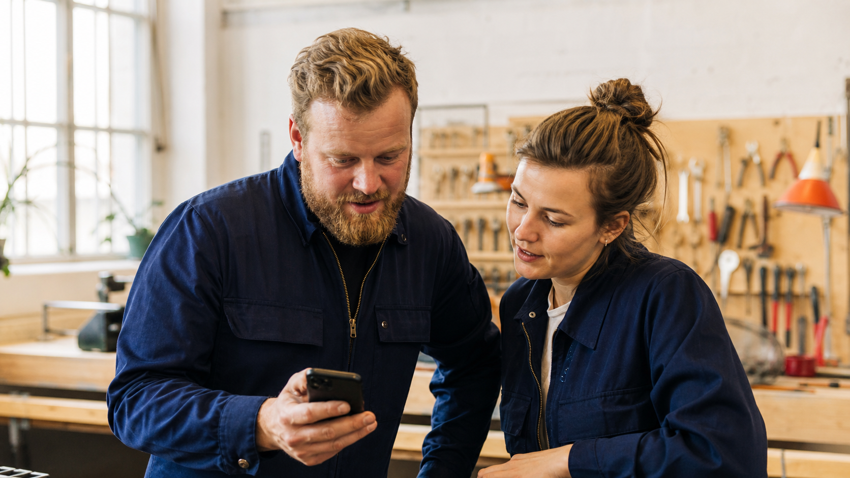 Två kollegor går tillsammans igenom en ny kundförfrågan i mobilen