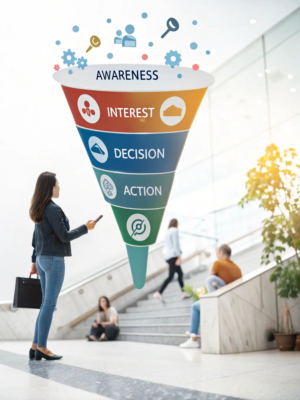 A digital illustration depicting a funnel with various traffic sources (social media icons, search engine results) flowing into the top, representing POPSales' traffic generation efforts.
