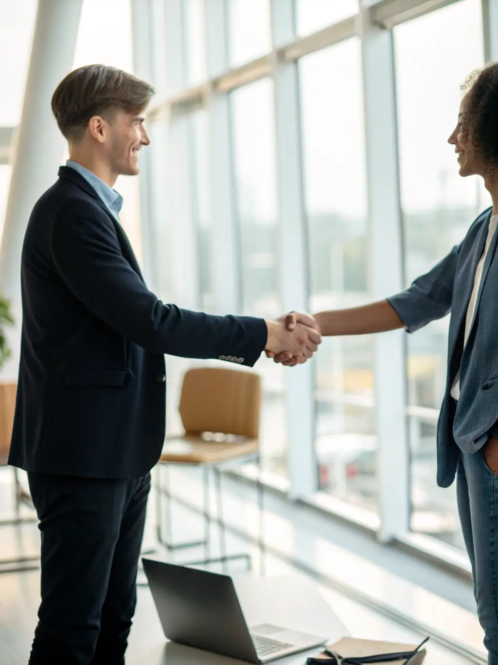 A handshake between a POPSales partner and a satisfied customer, symbolizing successful lead conversion.